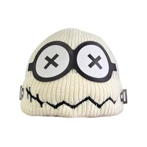 White Cartoon Knit Beanie Hat – Funny Goggle Eyes & Zigzag Smile, Winter Cap
